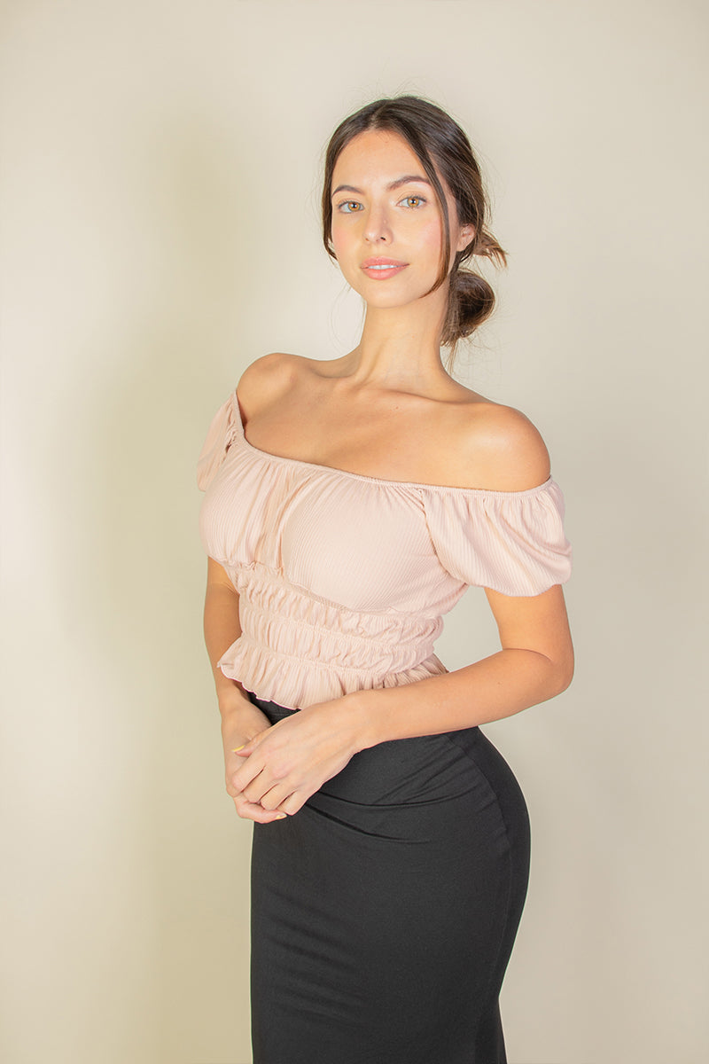 Casual Ruched Puff Sleeve Ribbed Knit Solid Top
