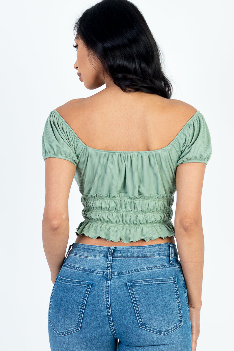 Casual Ruched Puff Sleeve Ribbed Knit Solid Top