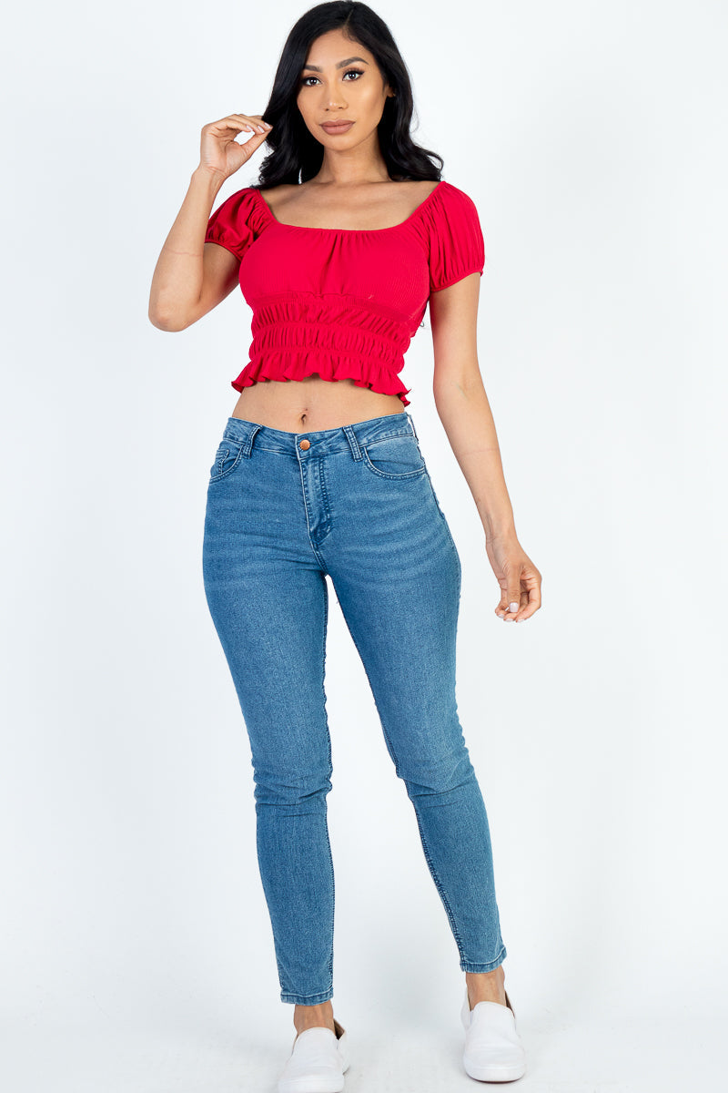 Casual Ruched Puff Sleeve Ribbed Knit Solid Top