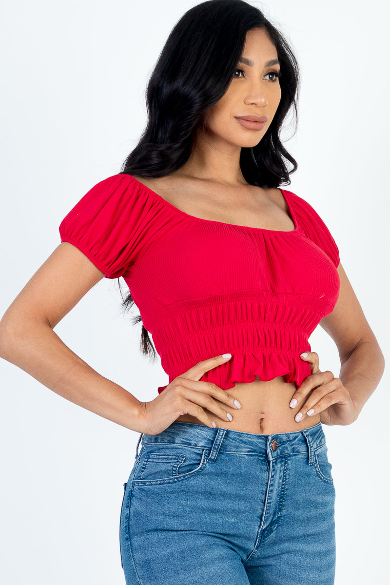Casual Ruched Puff Sleeve Ribbed Knit Solid Top