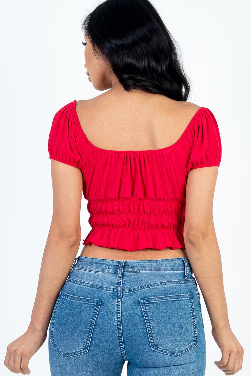 Casual Ruched Puff Sleeve Ribbed Knit Solid Top