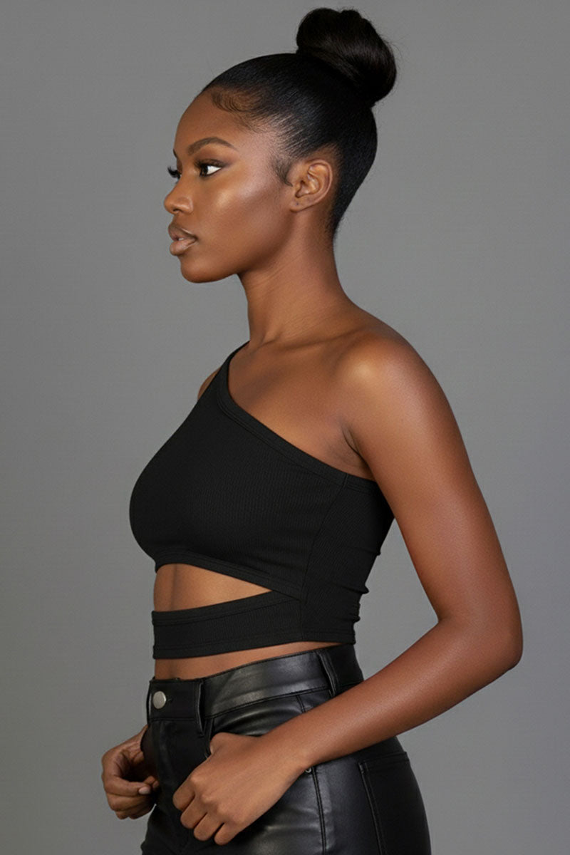 Ribbed Knit Cut Out One Shoulder Crop Top
