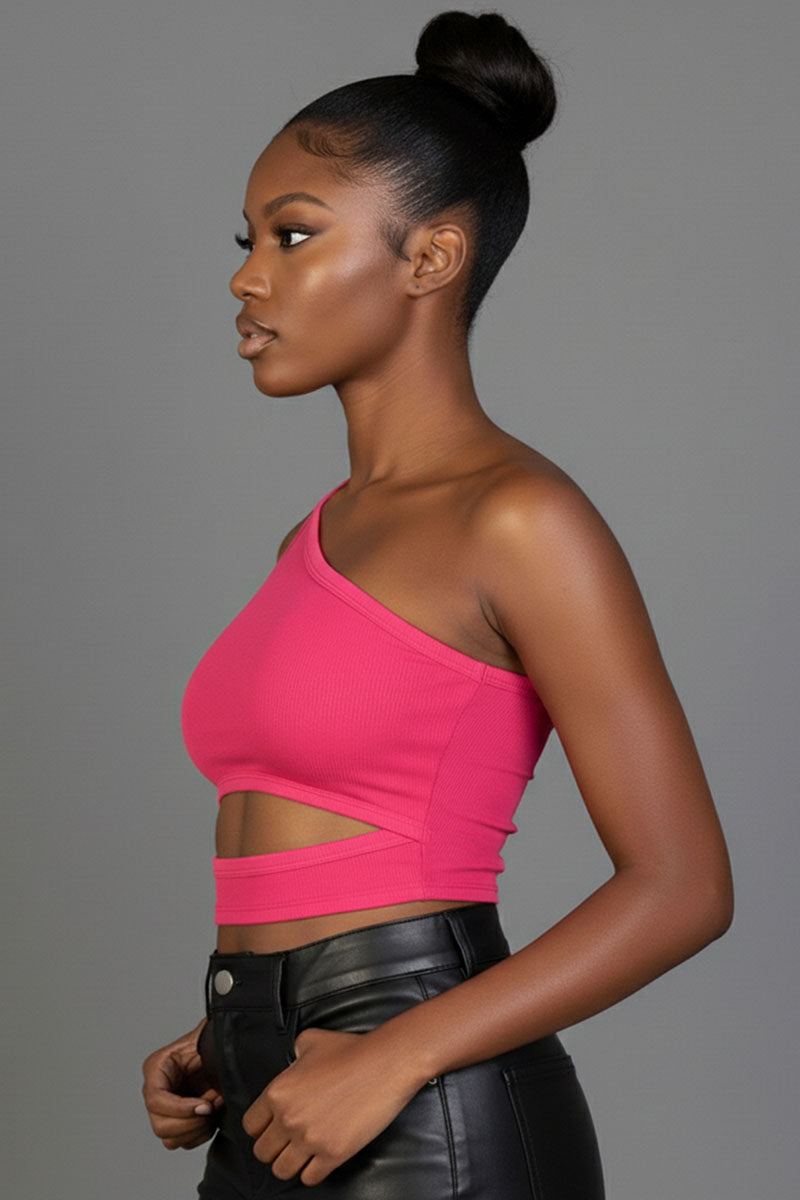 Ribbed Knit Cut Out One Shoulder Crop Top