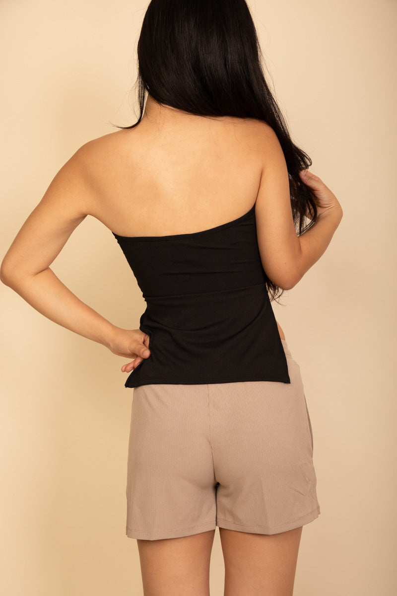 Strapless Ribbed Side-Slit Flare Top