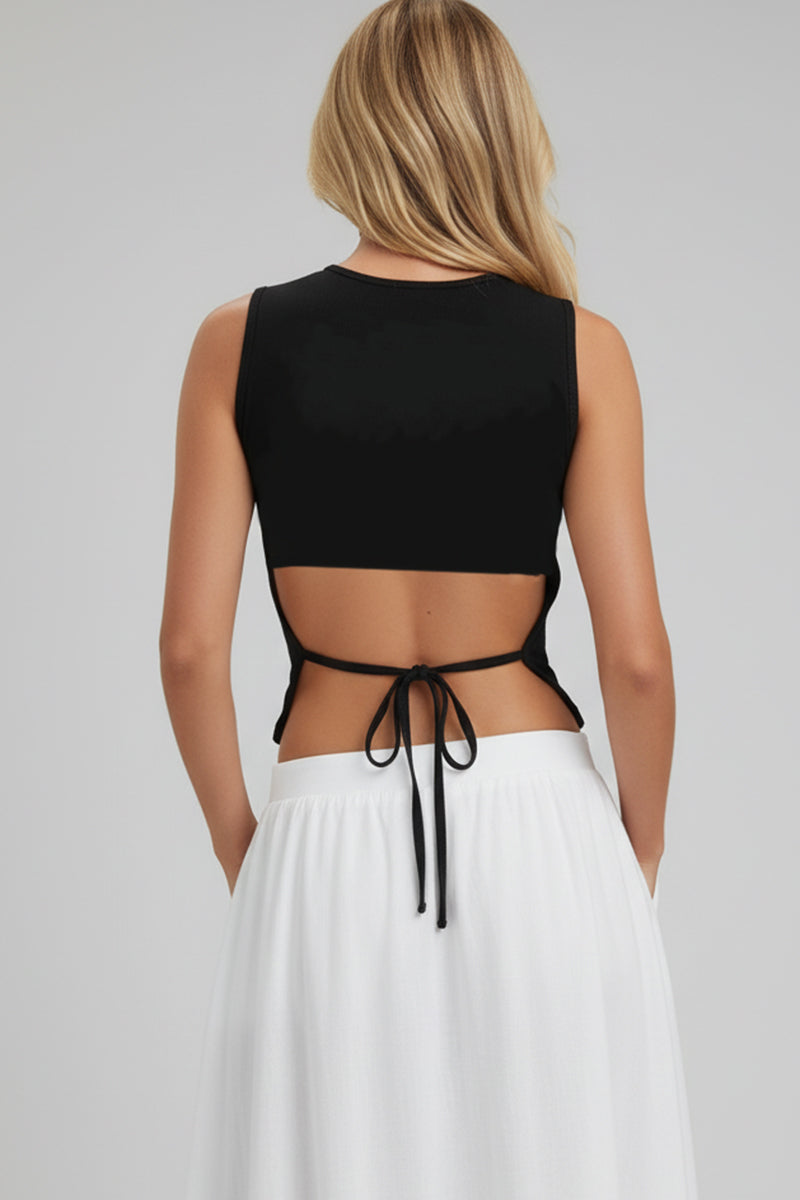 Sleeveless Mock Neck Top with Adjustable Side Slit Tie