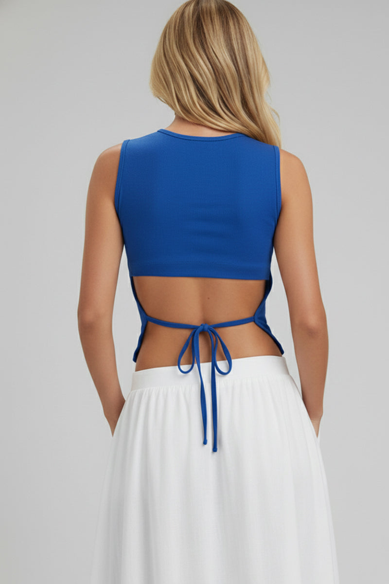 Sleeveless Mock Neck Top with Adjustable Side Slit Tie