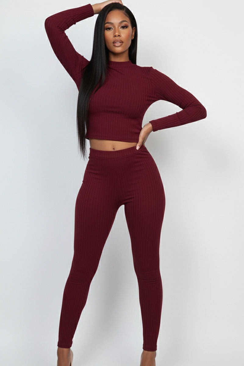 Ribbed Mock Neck Long Sleeve Top & Leggings Set