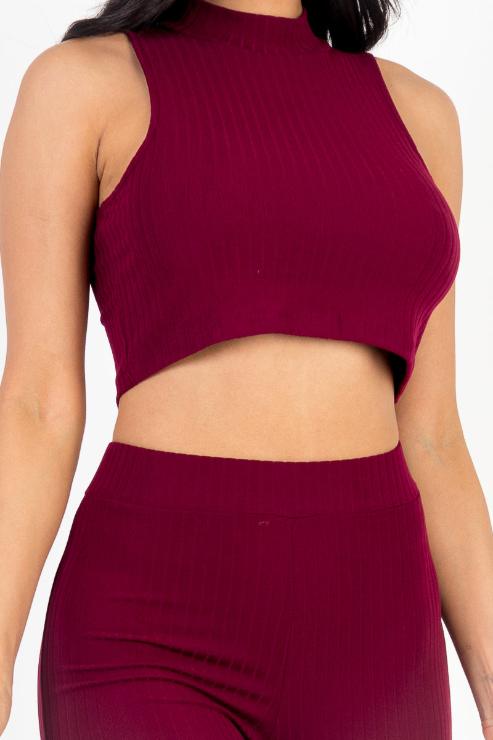 Ribbed Mock Neck Crop Tank Top & Bootcut Pants Set