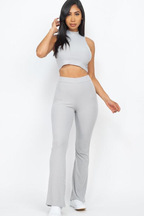 Ribbed Mock Neck Crop Tank Top & Bootcut Pants Set