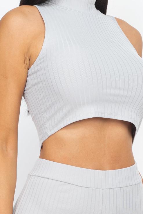 Ribbed Mock Neck Crop Tank Top & Bootcut Pants Set