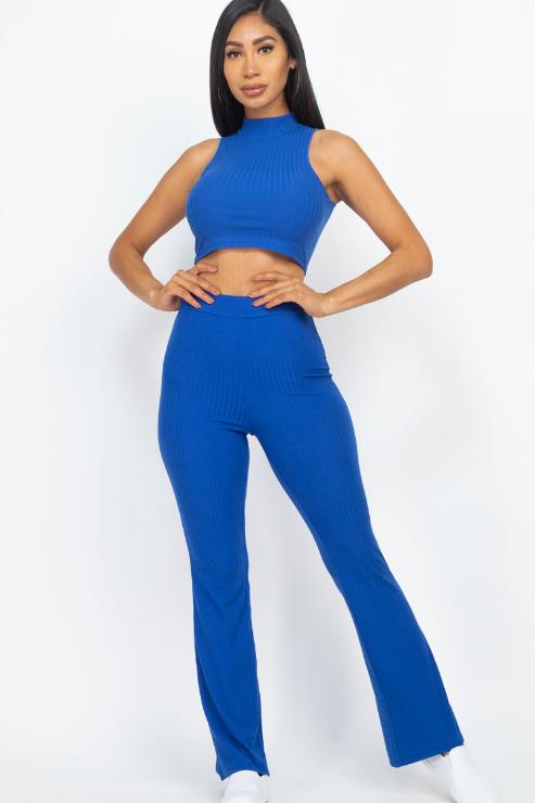 Ribbed Mock Neck Crop Tank Top & Bootcut Pants Set