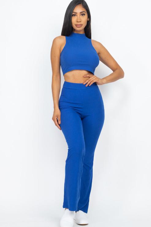 Ribbed Mock Neck Crop Tank Top & Bootcut Pants Set