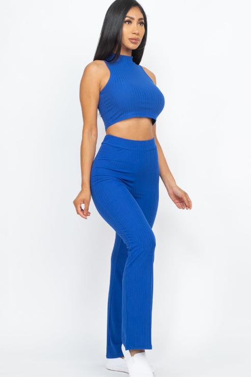 Ribbed Mock Neck Crop Tank Top & Bootcut Pants Set