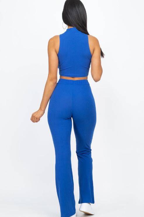 Ribbed Mock Neck Crop Tank Top & Bootcut Pants Set