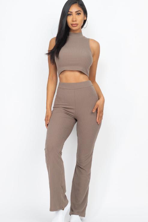 Ribbed Mock Neck Crop Tank Top & Bootcut Pants Set