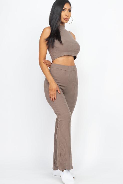 Ribbed Mock Neck Crop Tank Top & Bootcut Pants Set