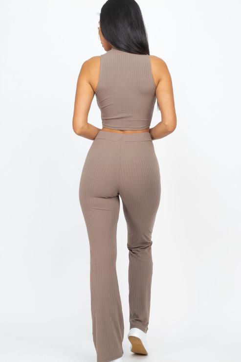 Ribbed Mock Neck Crop Tank Top & Bootcut Pants Set