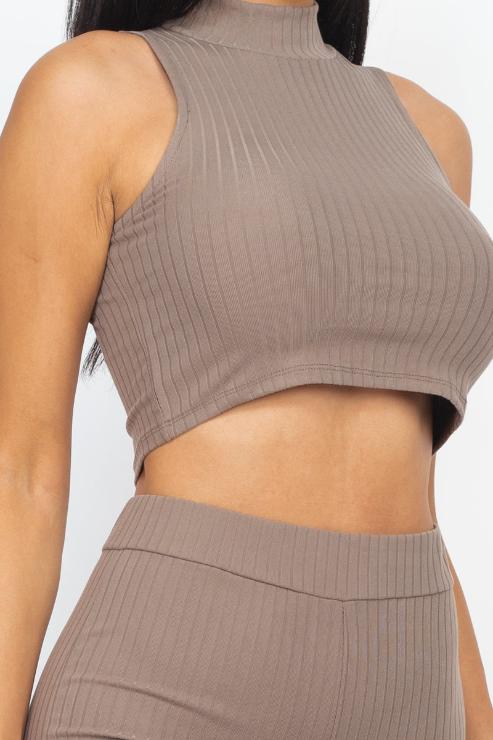 Ribbed Mock Neck Crop Tank Top & Bootcut Pants Set