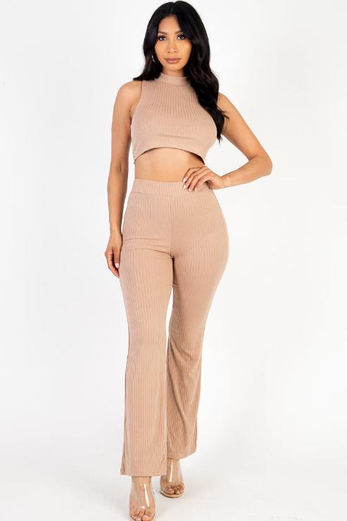Ribbed Mock Neck Crop Tank Top & Bootcut Pants Set