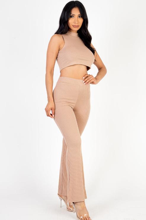 Ribbed Mock Neck Crop Tank Top & Bootcut Pants Set