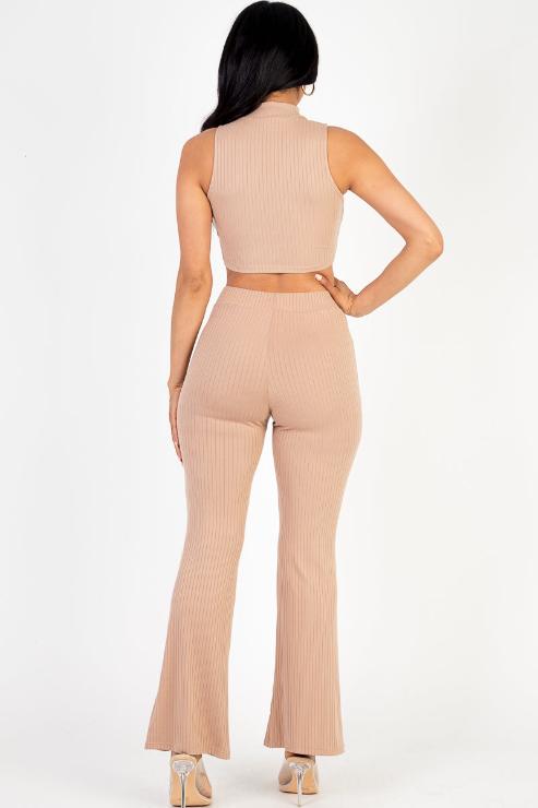 Ribbed Mock Neck Crop Tank Top & Bootcut Pants Set