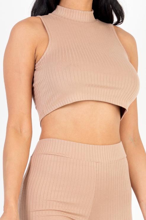 Ribbed Mock Neck Crop Tank Top & Bootcut Pants Set