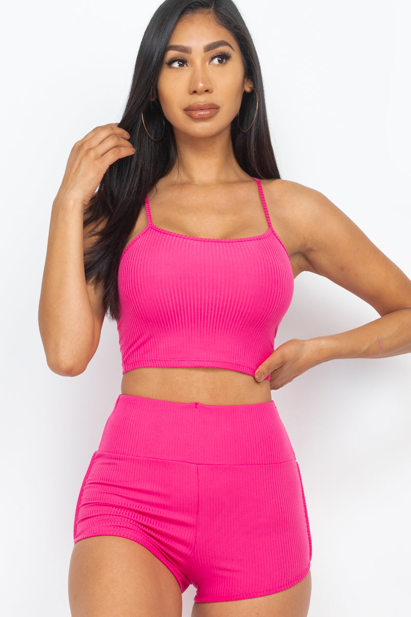 Ribbed Cami Crop Top & Ruched Shorts Set(CAPELLA)