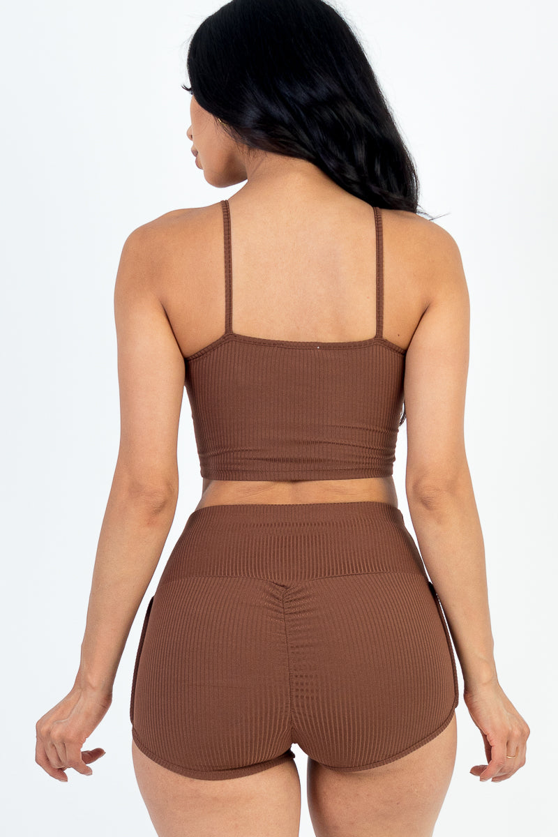 Ribbed Cami Crop Top & Ruched Shorts Set(CAPELLA)