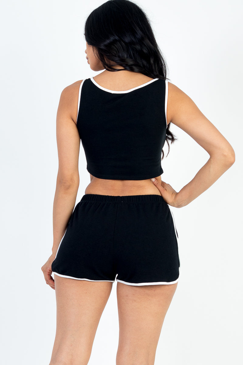 Casual French Terry Sleeveless Button Front Contrast Trim Cropped Tank Top and Shorts Set