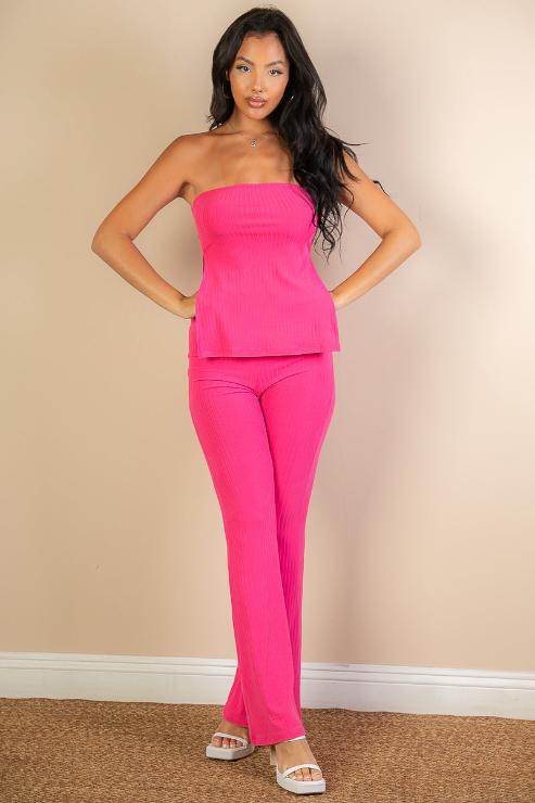Ribbed Side Slit Bandeau Top & Flare Pants Set (CAPELLA)