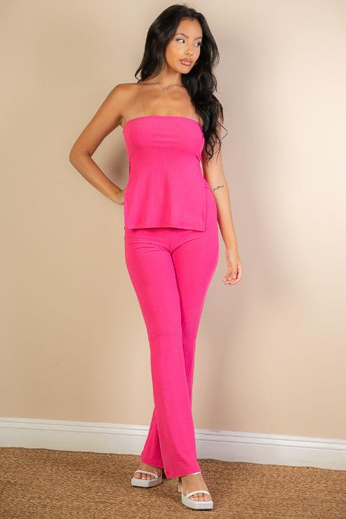 Ribbed Side Slit Bandeau Top & Flare Pants Set (CAPELLA)