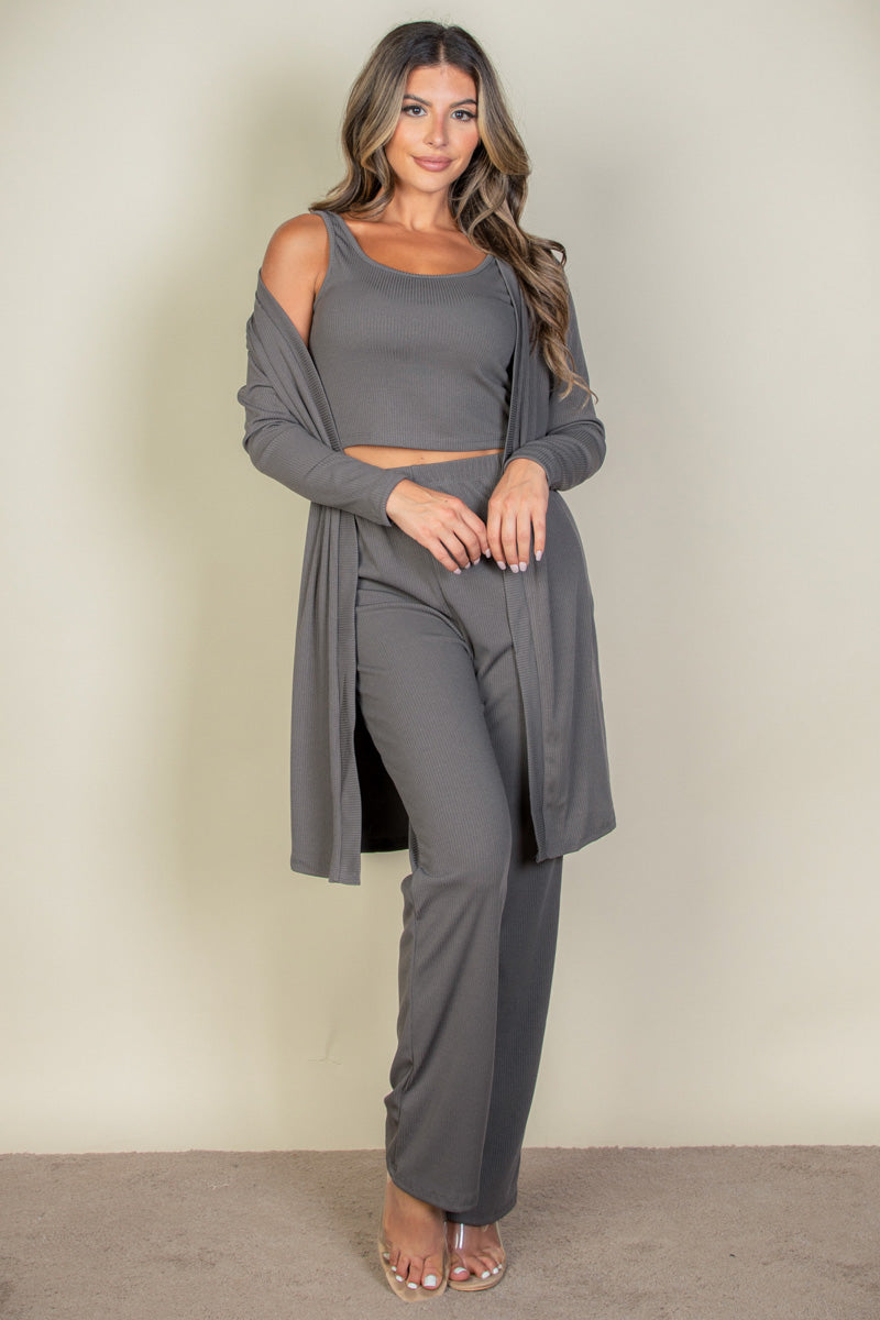 Flat Back Rib 3 Pieces Cami Top with Pants and Long Cardigan Set
