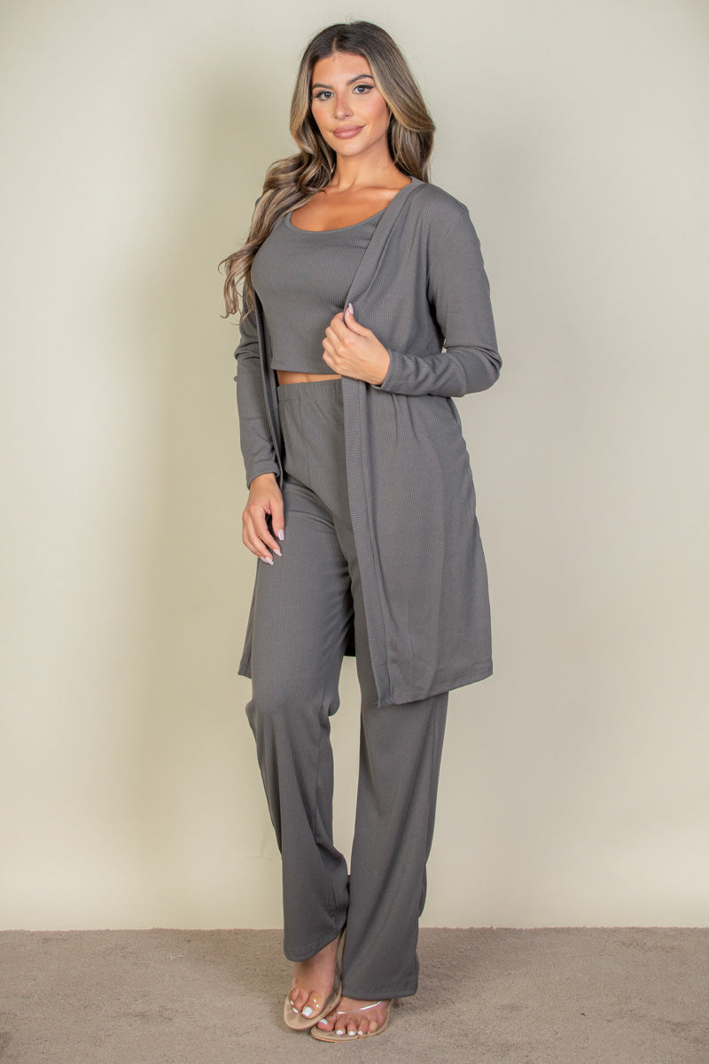 Flat Back Rib 3 Pieces Cami Top with Pants and Long Cardigan Set