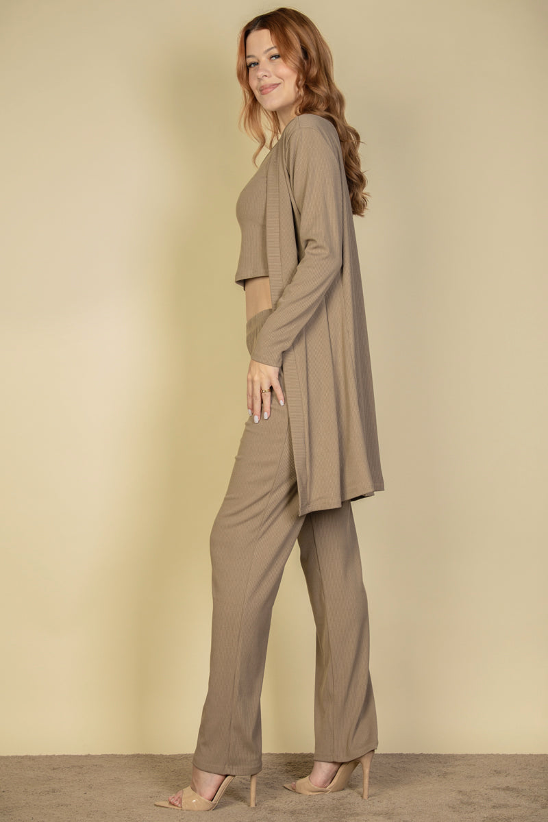 Flat Back Rib 3 Pieces Cami Top with Pants and Long Cardigan Set