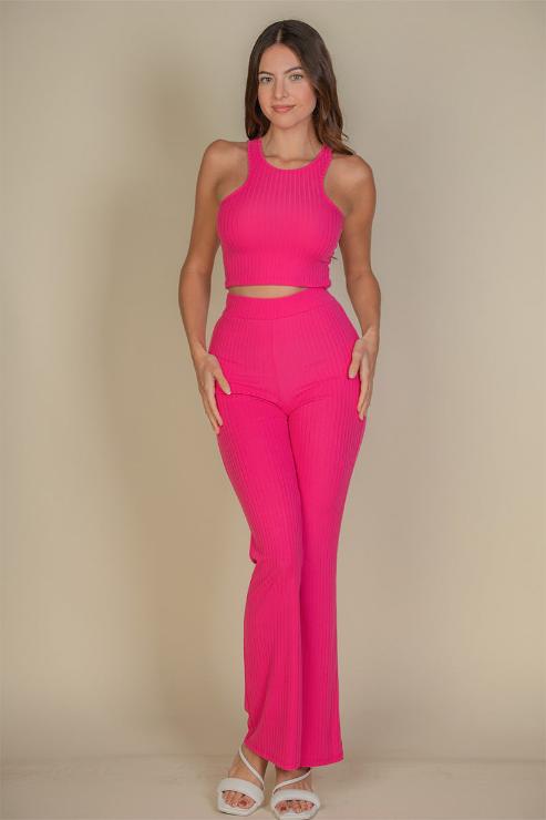Ribbed Cropped Top and Bootcut Pants Sets (CAPELLA)