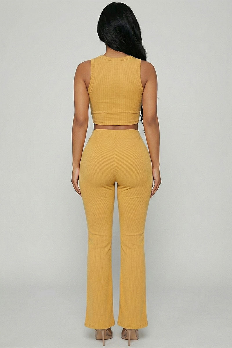 Ribbed Sleeveless Crop Top & Flared Pants Set