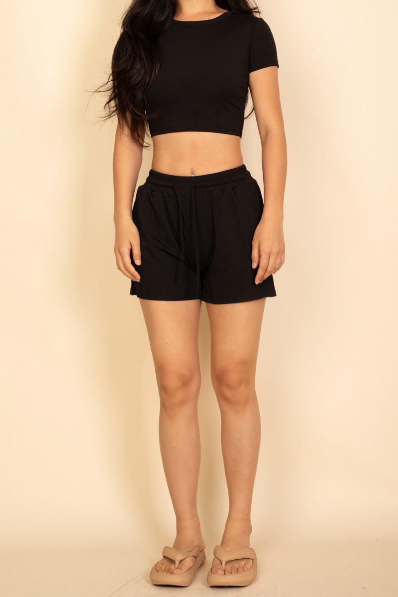 Ribbed Knit Drawstring Lounge Shorts Set