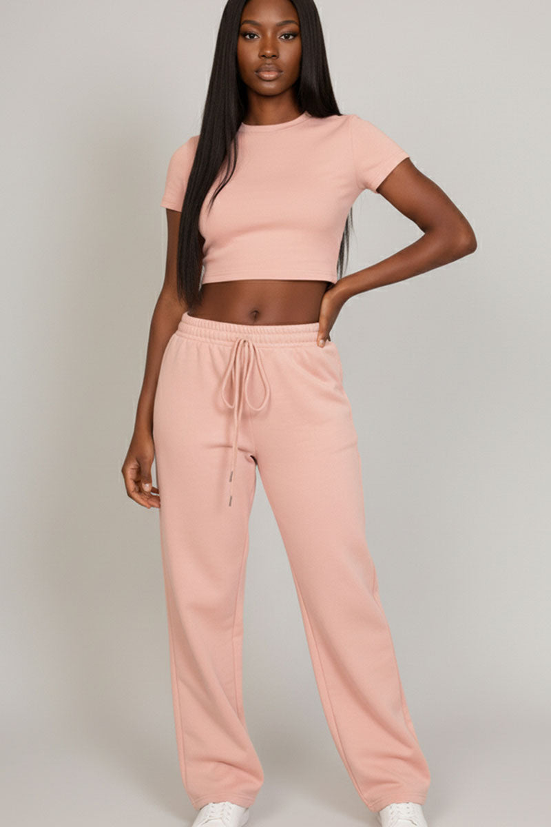 2-Piece Crop Tee & Wide Leg Lounge Pants Set