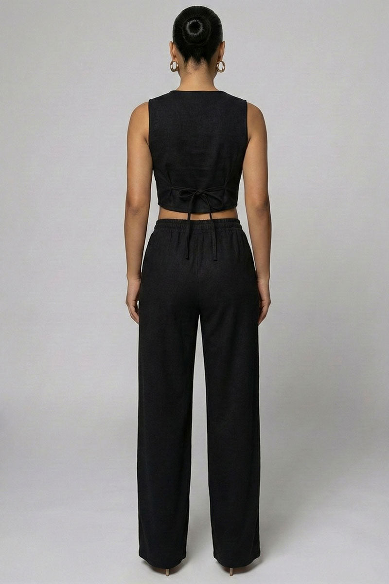 Tailored Button Vest with Adjustable Back Tie & Wide Leg Pants Set