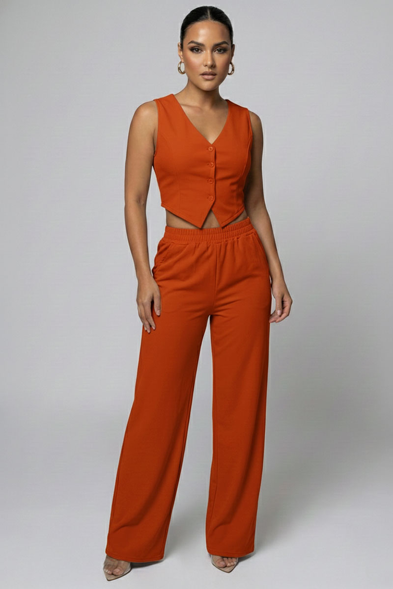Tailored Button Vest with Adjustable Back Tie & Wide Leg Pants Set